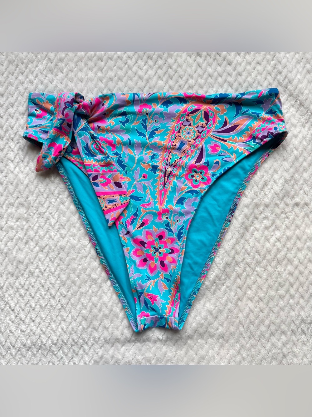 Frankie's Bikinis Scarf Bikini Bottom L Side Tie Blue Multicolor Paisley Hi Leg